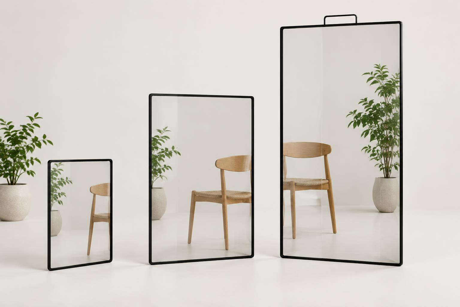 Drie draagbare Aegis Cloak-schilden naast elkaar — 15,6 inch in tabletformaat, 24 inch op een rugdragstelsel en 32 inch met een rugzakdrager — elk transparant met de kamer erachter zichtbaar