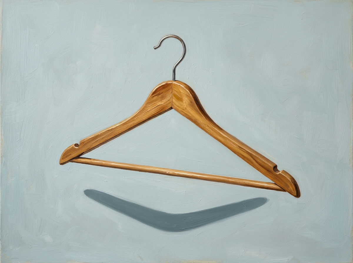 Geschilderde houten kledinghanger die zweeft boven een boemerangvormige schaduw, met als onderschrift Ceci, c'est un boomerang